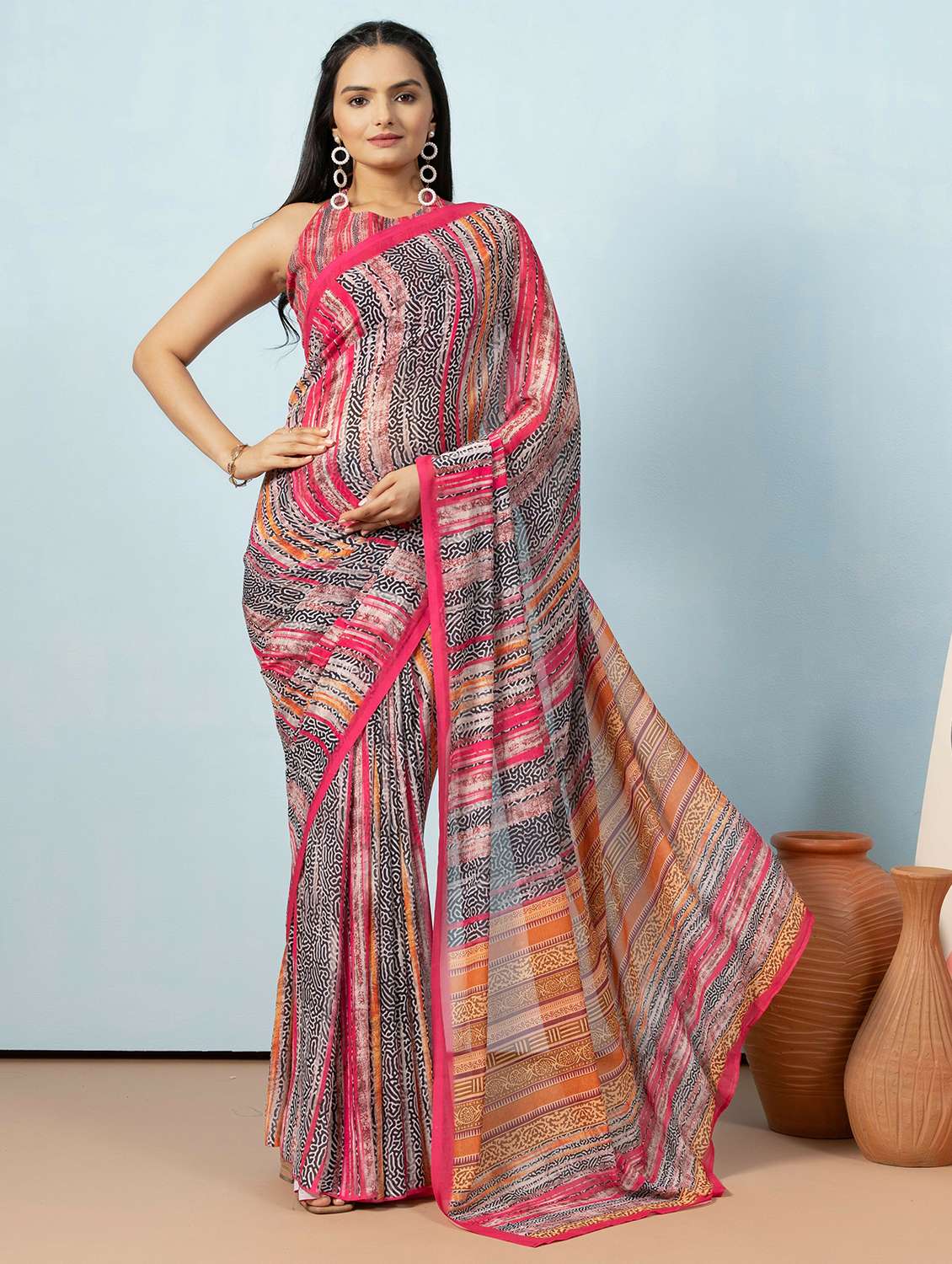 women printed ready to wear saree with blouse