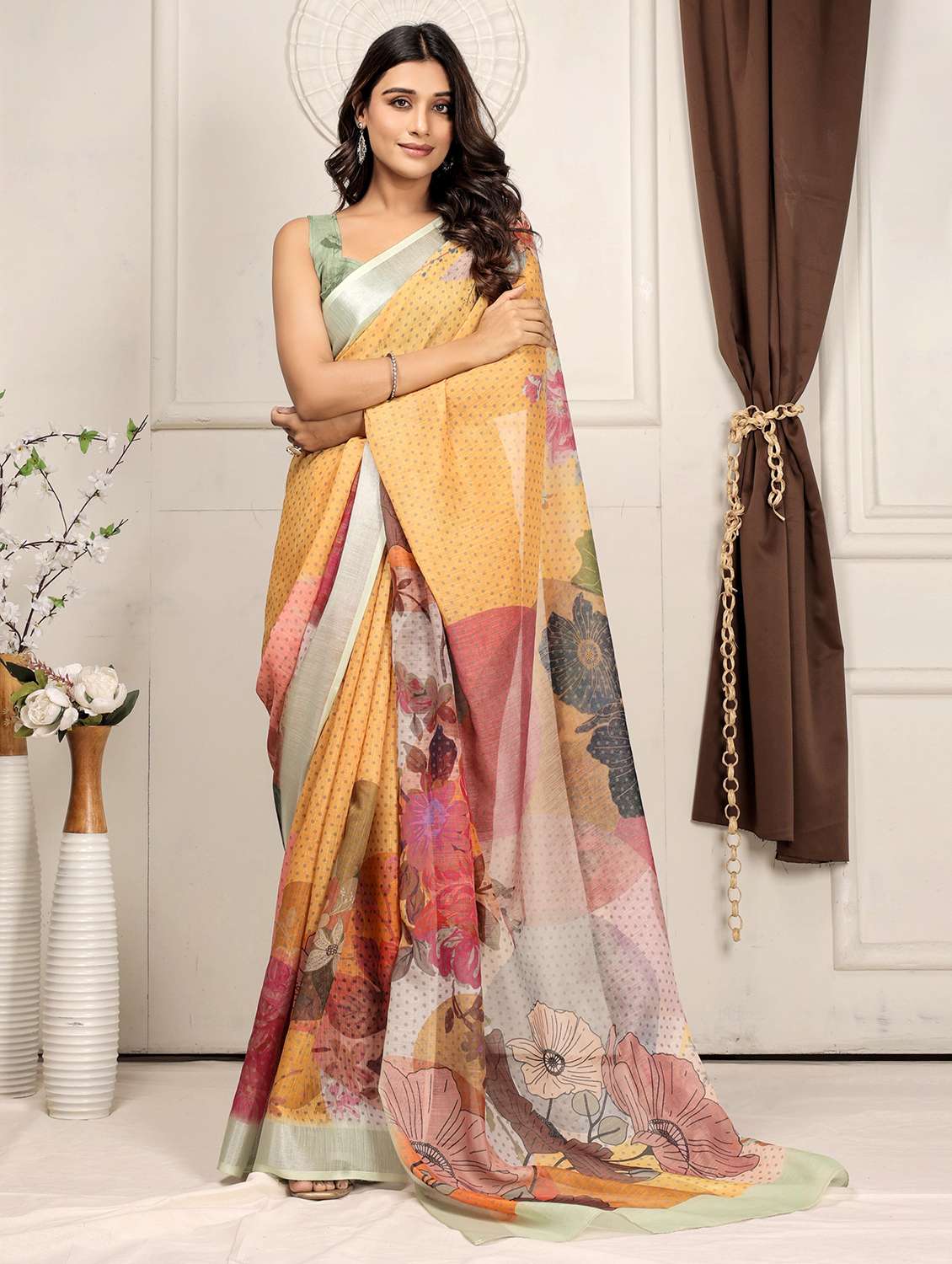 women printed casual wear saree with blouse