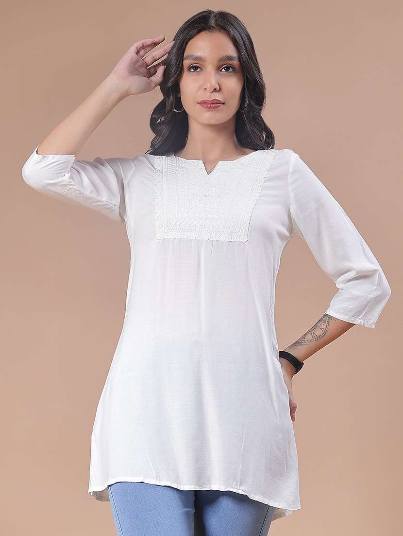 women embroidered three quarter sleeve kurti