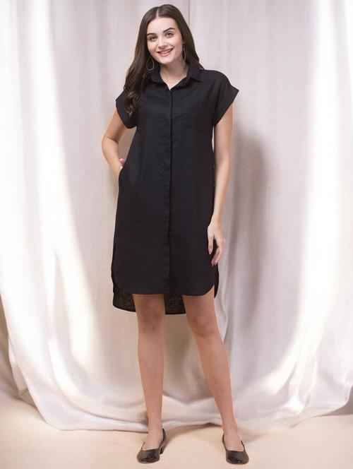 women solid collared high low shirt dress - 21912551 - Standard Image - 0