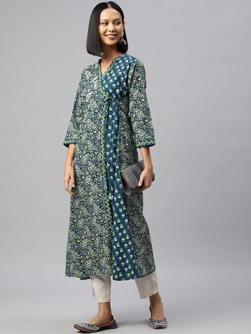 women three quarter sleeve angrakha kurta - 21913192 -  Standard Image - 0