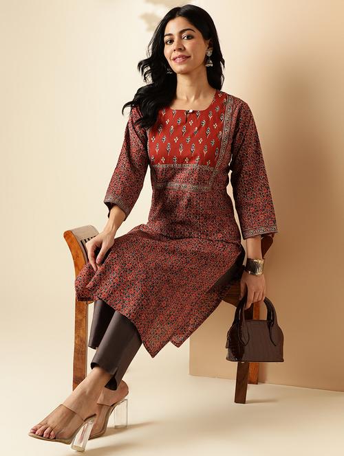 women printed three quarter sleeve straight kurta - 21913202 - Standard Image - 0