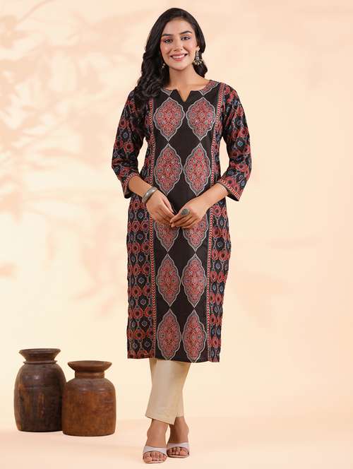 women three quarter sleeve straight kurta - 21913213 - Standard Image - 0