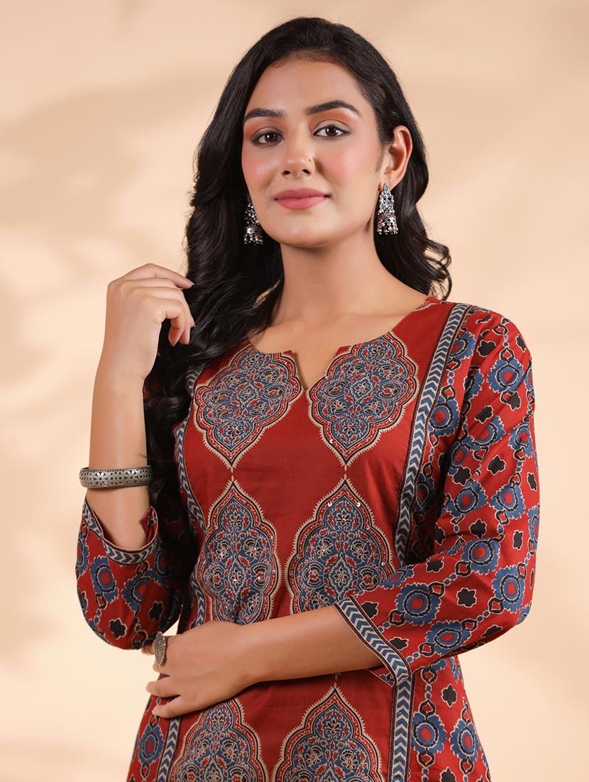 women three quarter sleeve straight kurta - 21913214 - Standard Image - 2