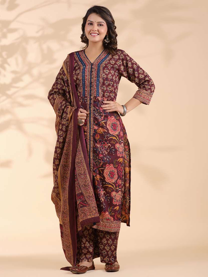 women three quarter sleeve kurta palazzo with dupatta set