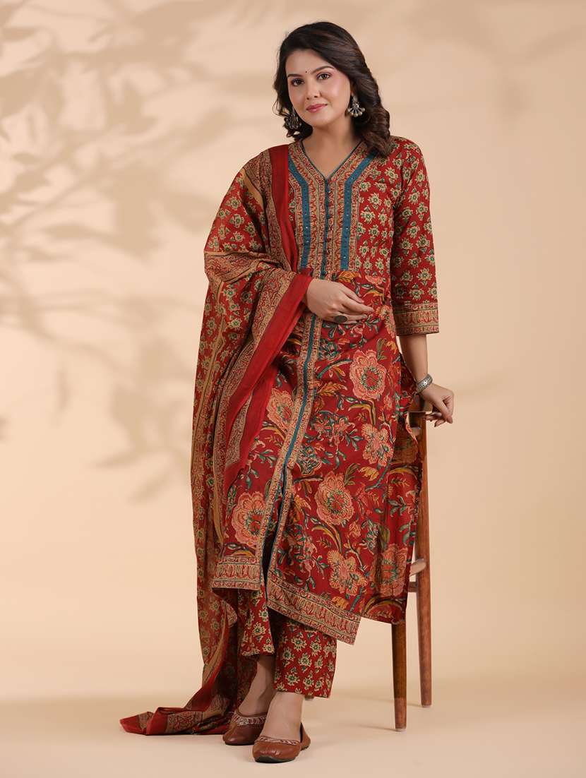women three quarter sleeve kurta palazzo with dupatta set