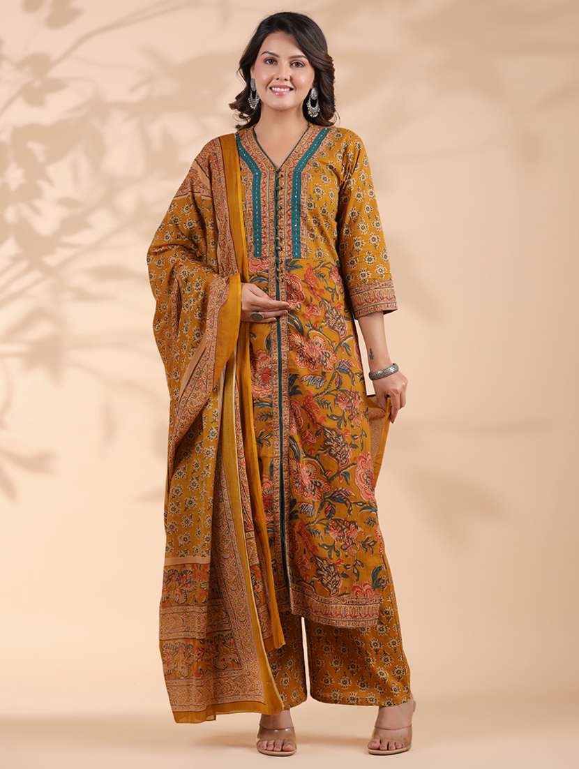 women three quarter sleeve kurta palazzo with dupatta set