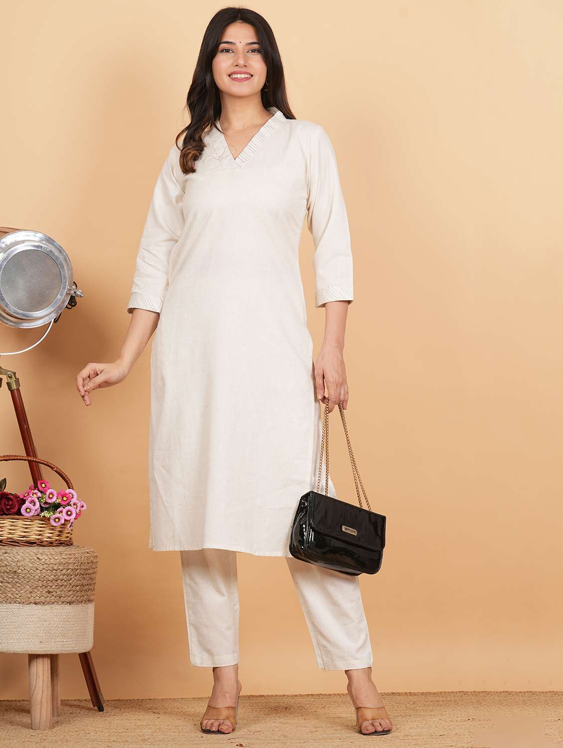 women three quarter sleeve kurta pant set