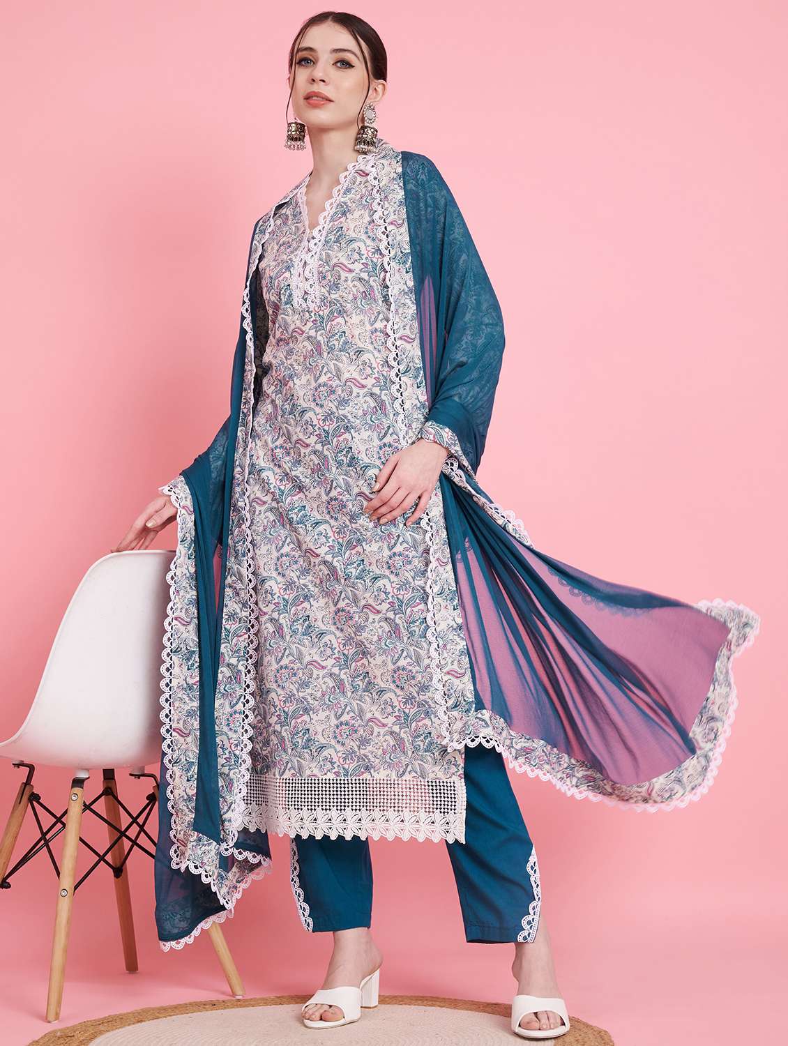 women three quarter sleeve kurta pant with dupatta set