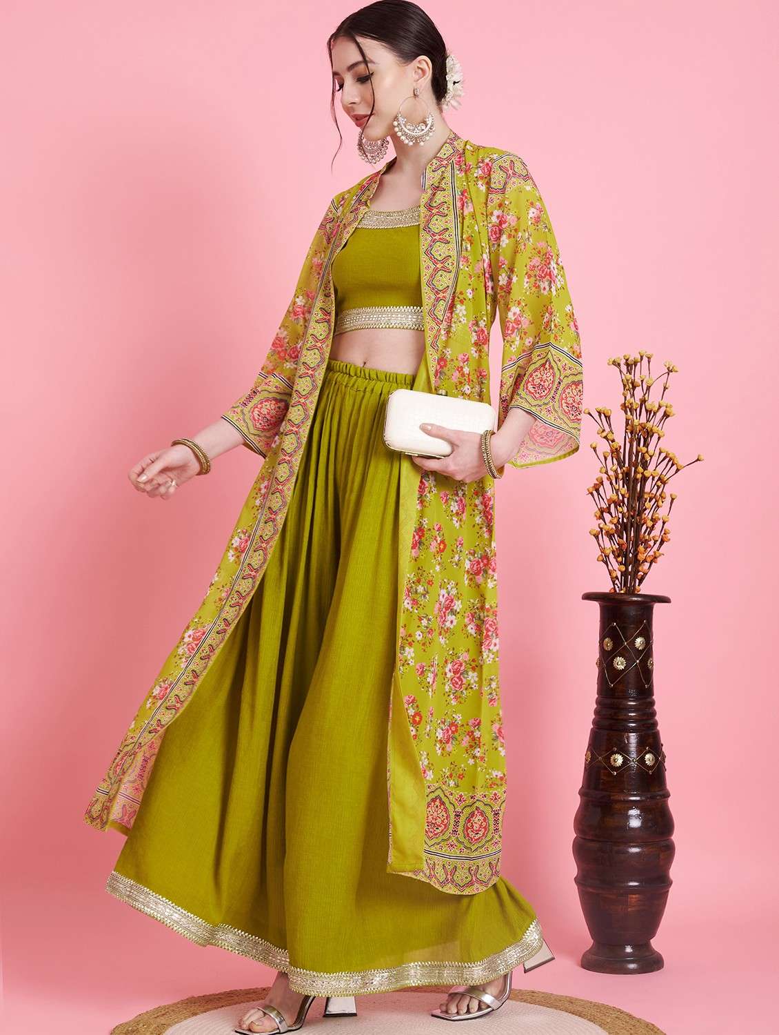 women green floral printed top palazzo with shrug fusion set