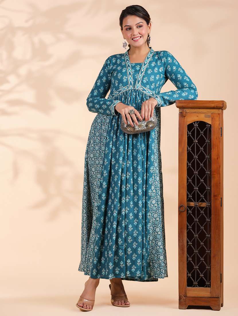 women printed long sleeve flared ethnic dress