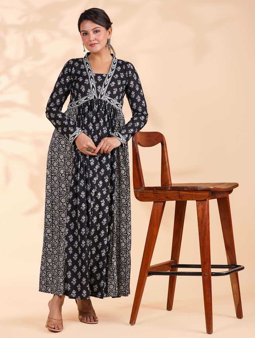 women printed long sleeve flared ethnic dress