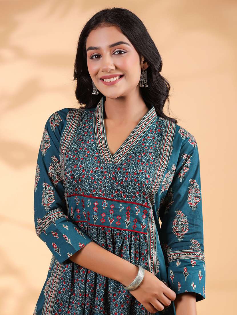 women printed three quarter sleeve a-line ethnic dress - 21913256 - Standard Image - 2