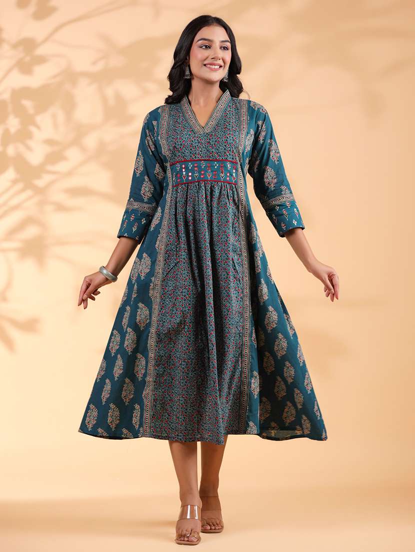 women printed three quarter sleeve a-line ethnic dress - 21913256 - Standard Image - 7