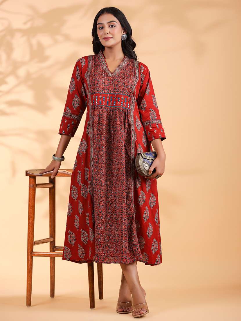 women printed three quarter sleeve a-line ethnic dress