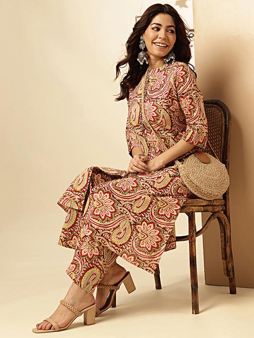 women printed three quarter sleeve kurta palazzo set - 21913260 - Standard Image - 0