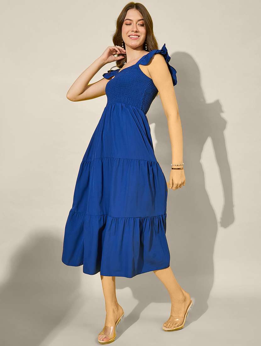 Women Blue Solid Sleeveless Tiered Dress