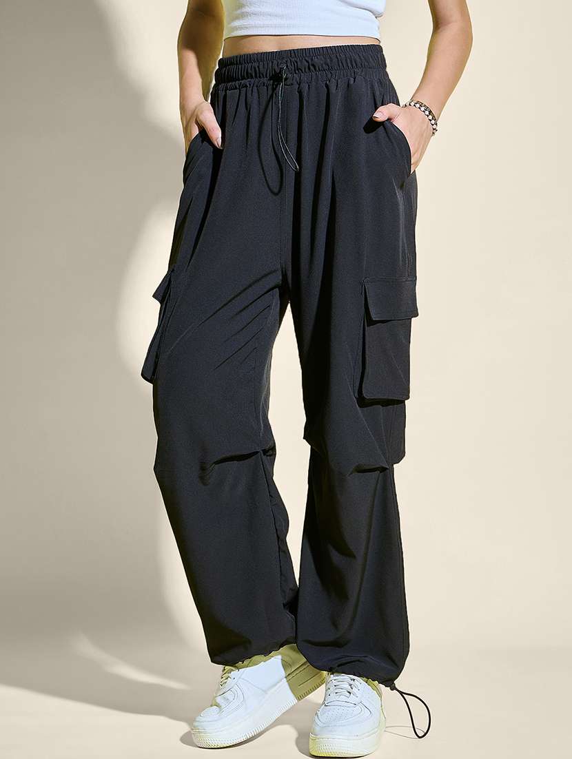 women solid high rise parachute pants