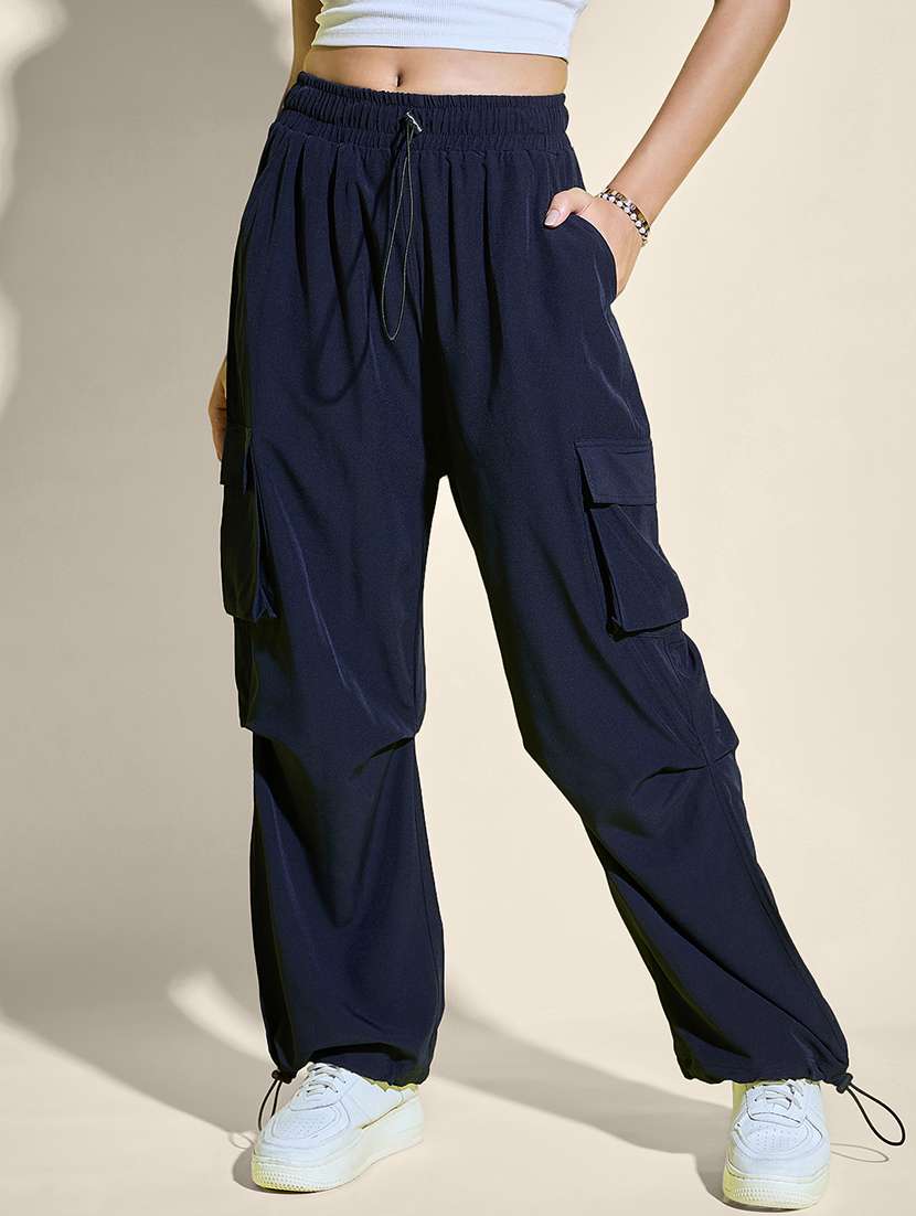 women solid high rise parachute pants