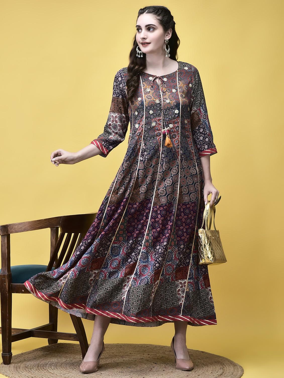 women printed three quarter sleeve ethnic dress