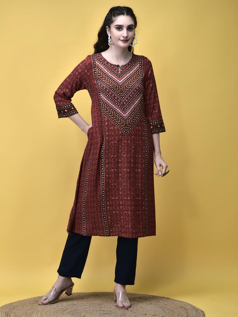 women maroon printed key hole a-line kurta - 21913551 -  Zoom Image - 0