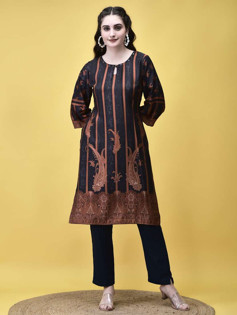 women navy blue printed key hole a-line kurta