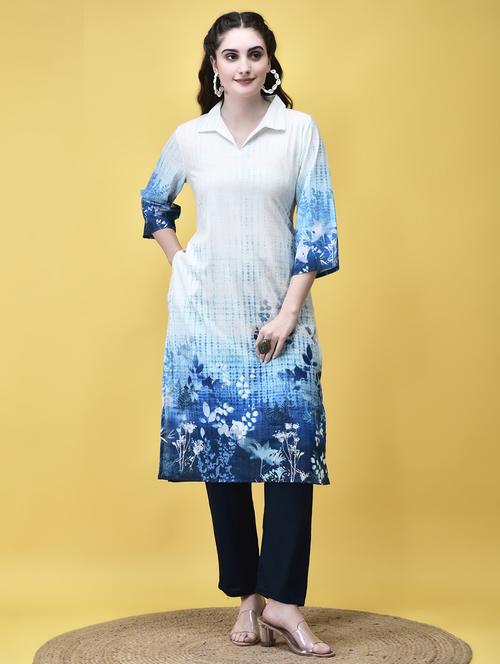 women off white three quater sleeve straight kurta - 21913554 -  Standard Image - 0