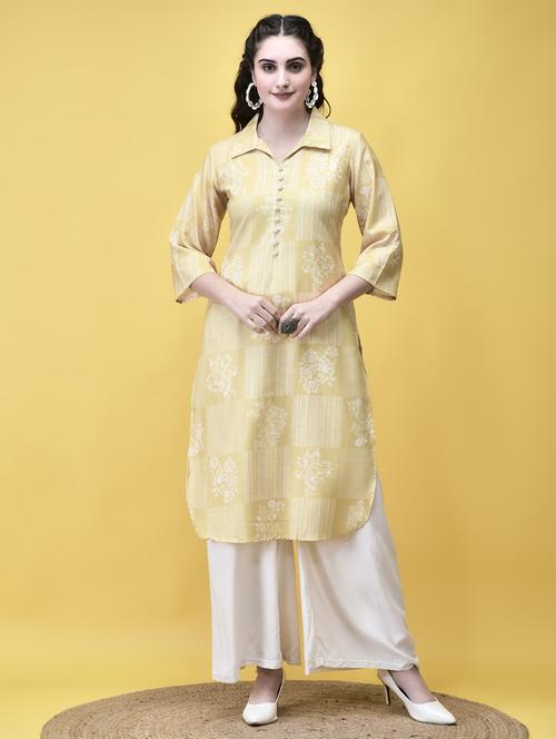 women yellow three quater sleeve straight kurta - 21913556 -  Standard Image - 0
