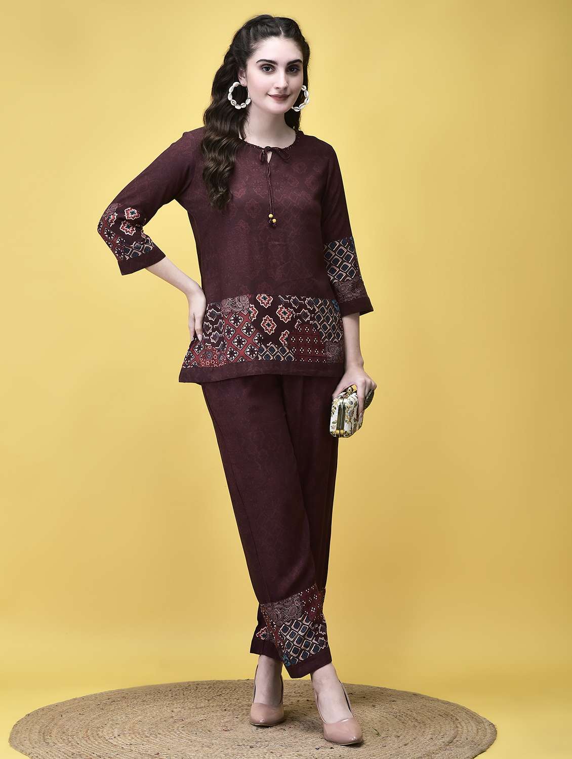 women maroon three quarter sleeve ethnic co ord set