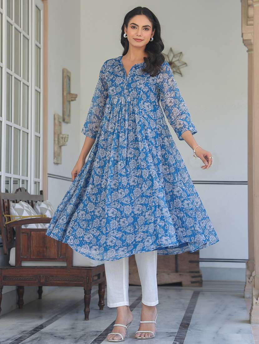 women blue floral printed three quarter sleeve flared kurta