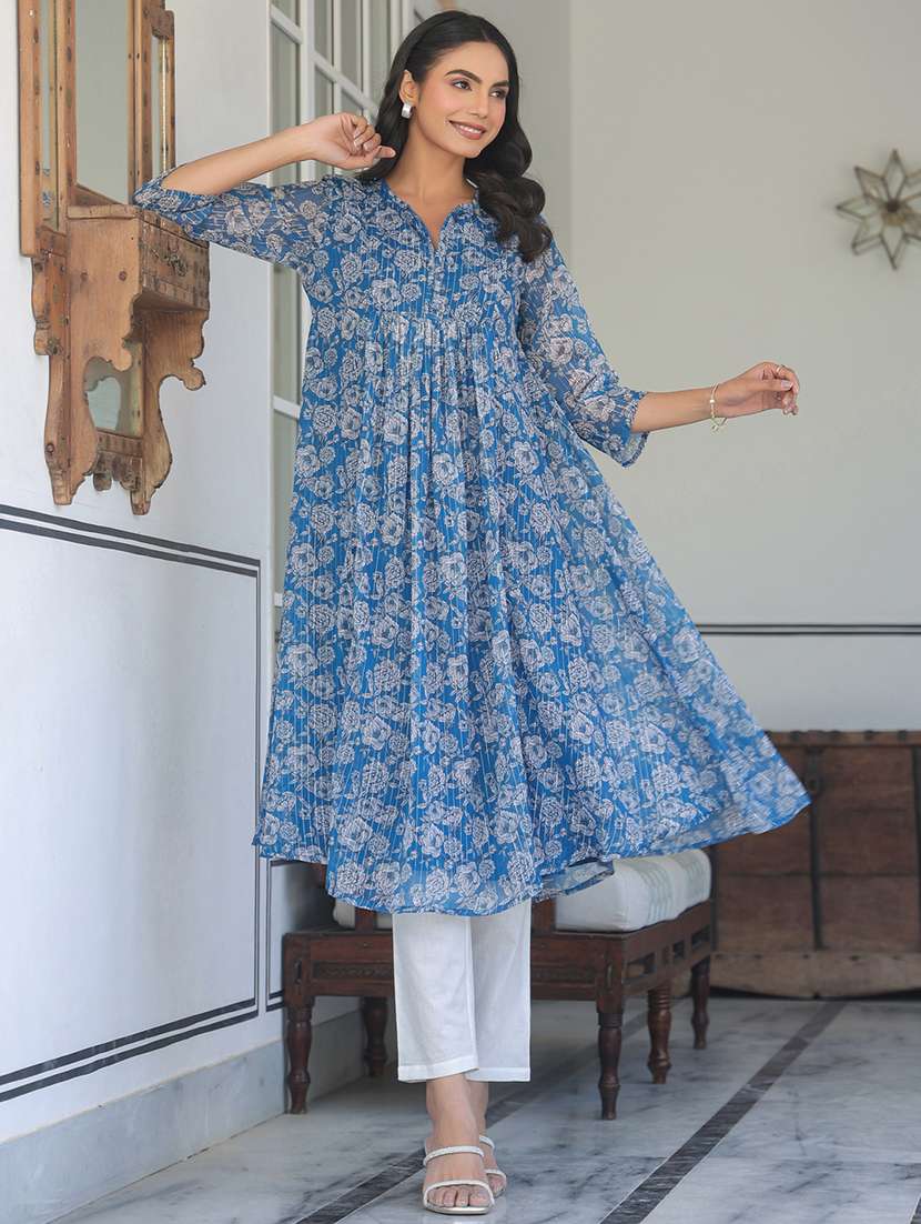 women blue floral printed three quarter sleeve flared kurta - 21913579 -  Standard Image - 2
