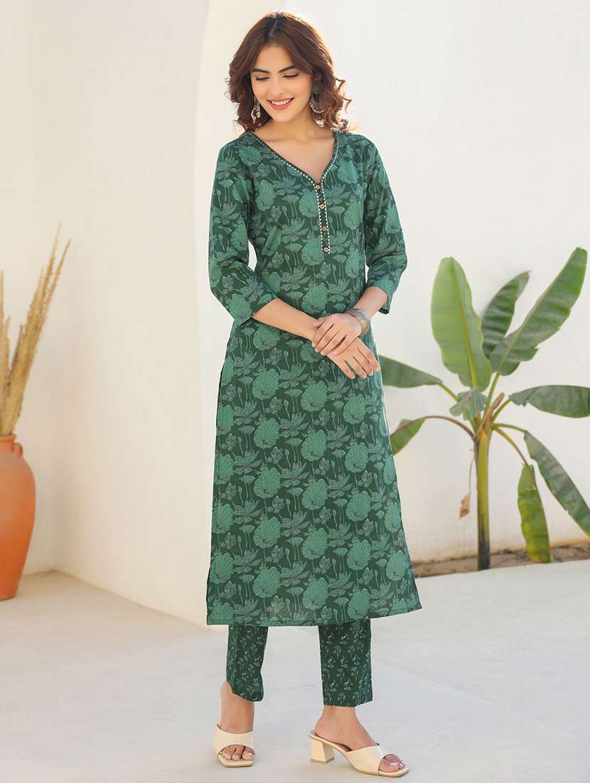 women green three quarter sleeve kurta pant set - 21913584 -  Standard Image - 2