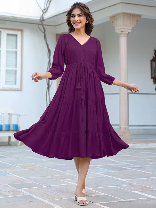women solid puff sleeves tiered dress - 21913585 - Standard Image - 0