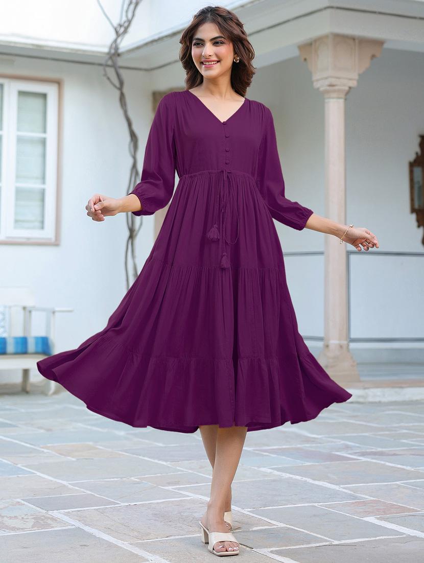 women solid puff sleeves tiered dress - 21913585 - Zoom Image - 0