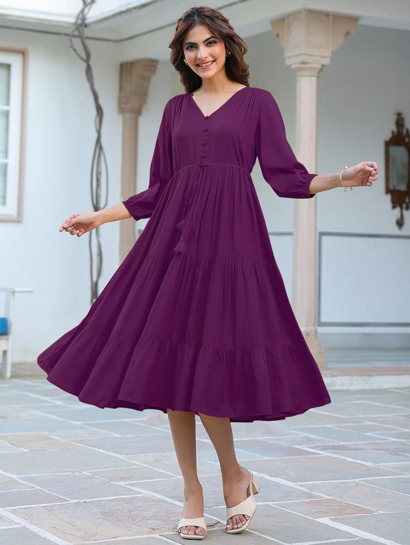 women solid puff sleeves tiered dress - 21913585 - Standard Image - 2