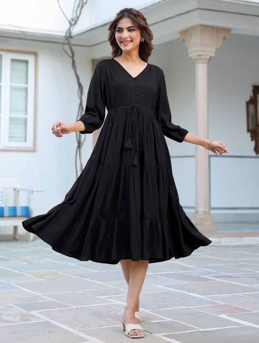 women solid puff sleeves tiered dress - 21913586 - Standard Image - 2