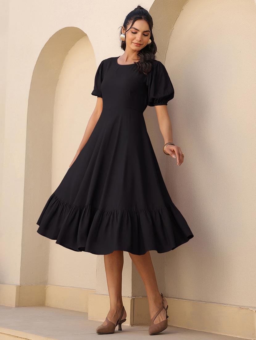 women solid puff sleeves tiered dress - 21913588 - Zoom Image - 0
