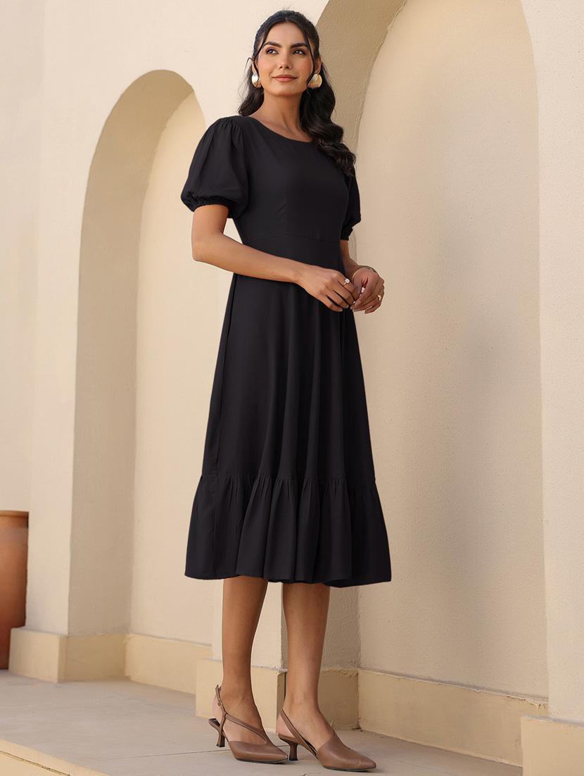 women solid puff sleeves tiered dress - 21913588 - Standard Image - 2