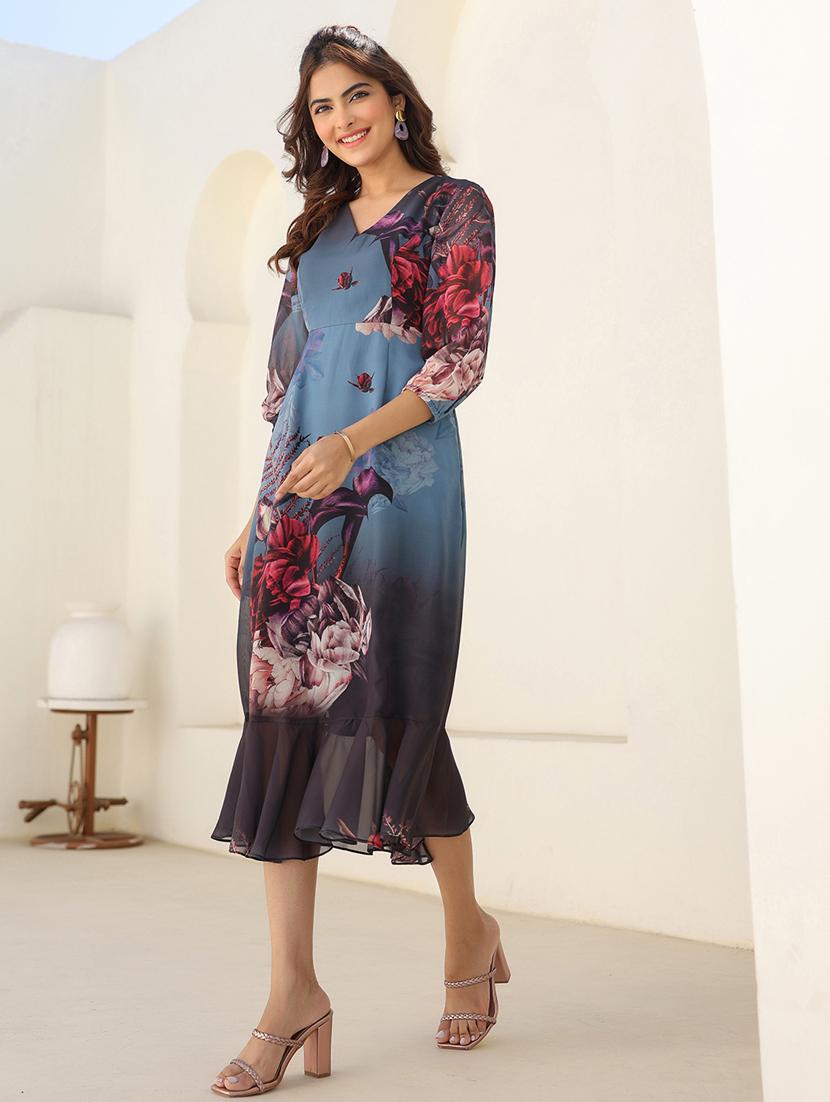 women floral printed puff sleeves tiered dress - 21913589 - Standard Image - 2