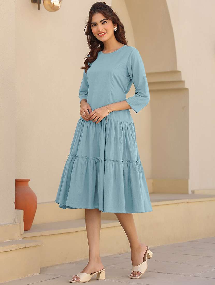 women solid round neck tiered dress - 21913591 -  Standard Image - 2