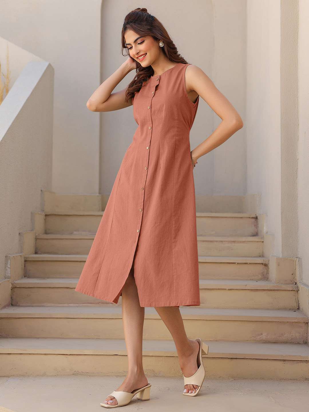 women solid sleeveless a-line dress - 21913593 - Standard Image - 2