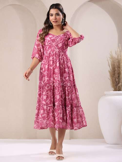 women floral printed puff sleeves tiered dress - 21913597 - Standard Image - 0
