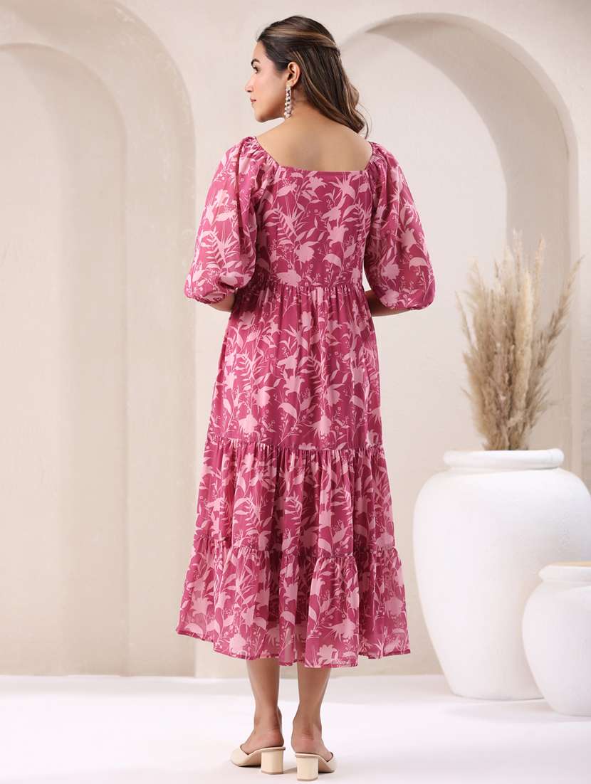 Women Floral Printed Puff Sleeves Tiered Dress 