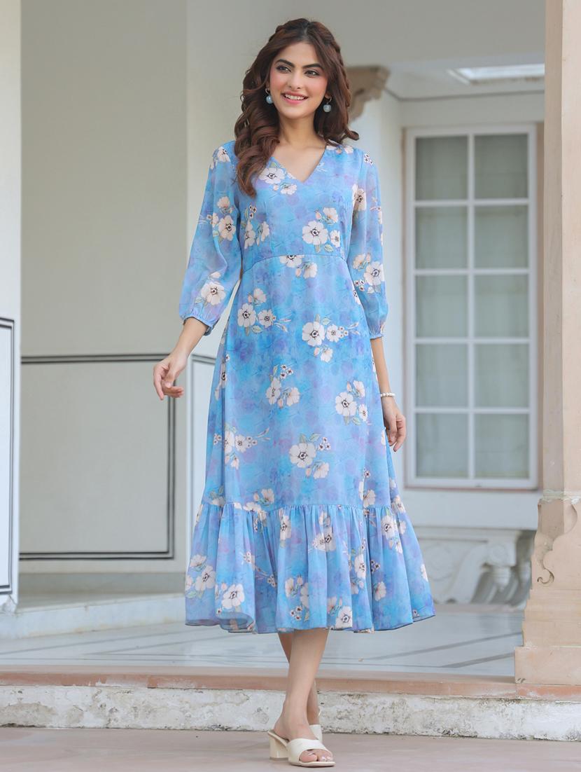 women floral printed puff sleeves tiered dress 