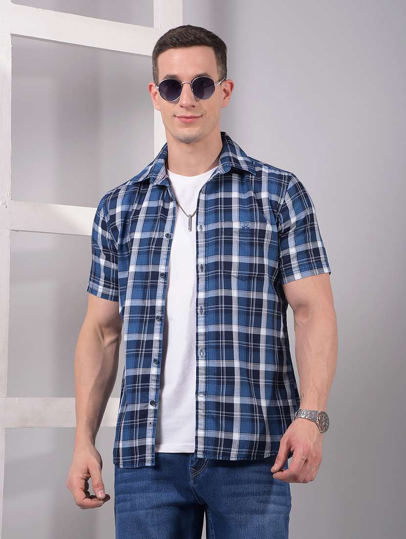 men checkered short sleeve slim fit casual shirt