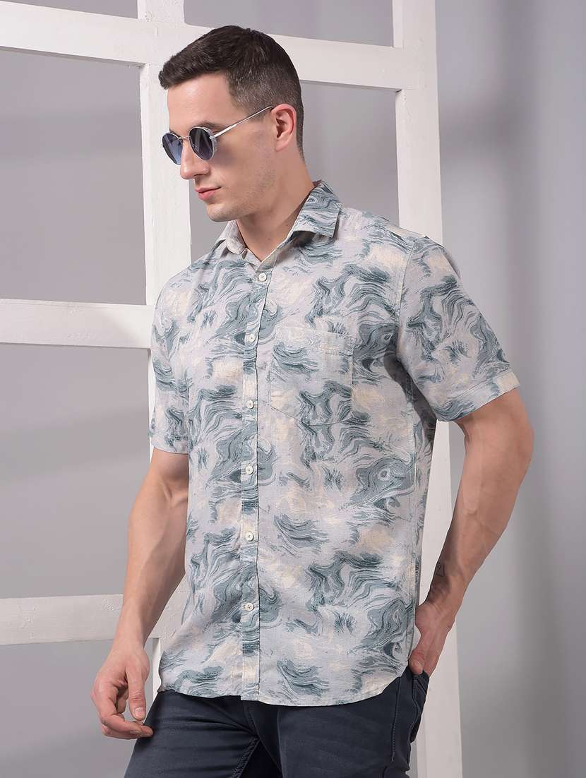 men printed short sleeve slim fit casual shirt - 21914305 -  Zoom Image - 0