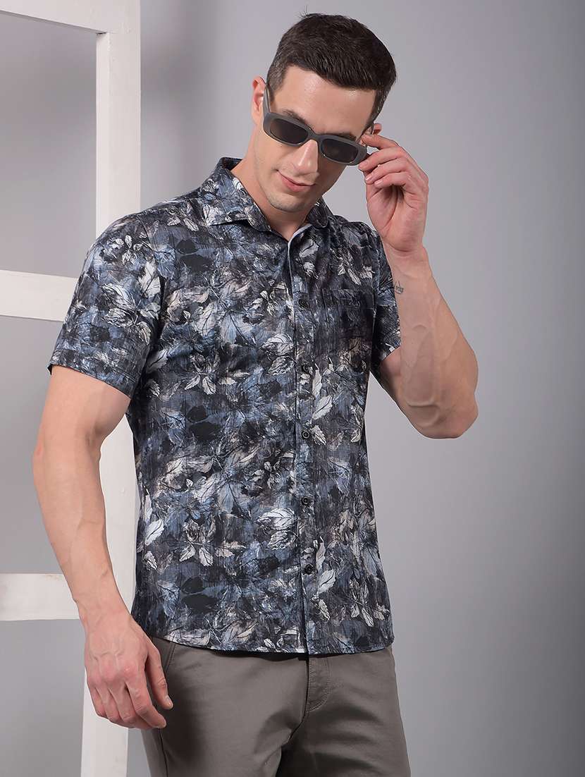 men printed short sleeve slim fit casual shirt