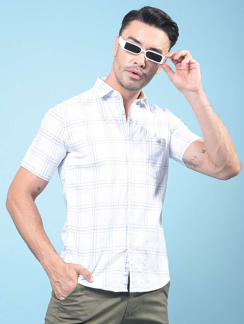 men checkered short sleeve slim fit casual shirt