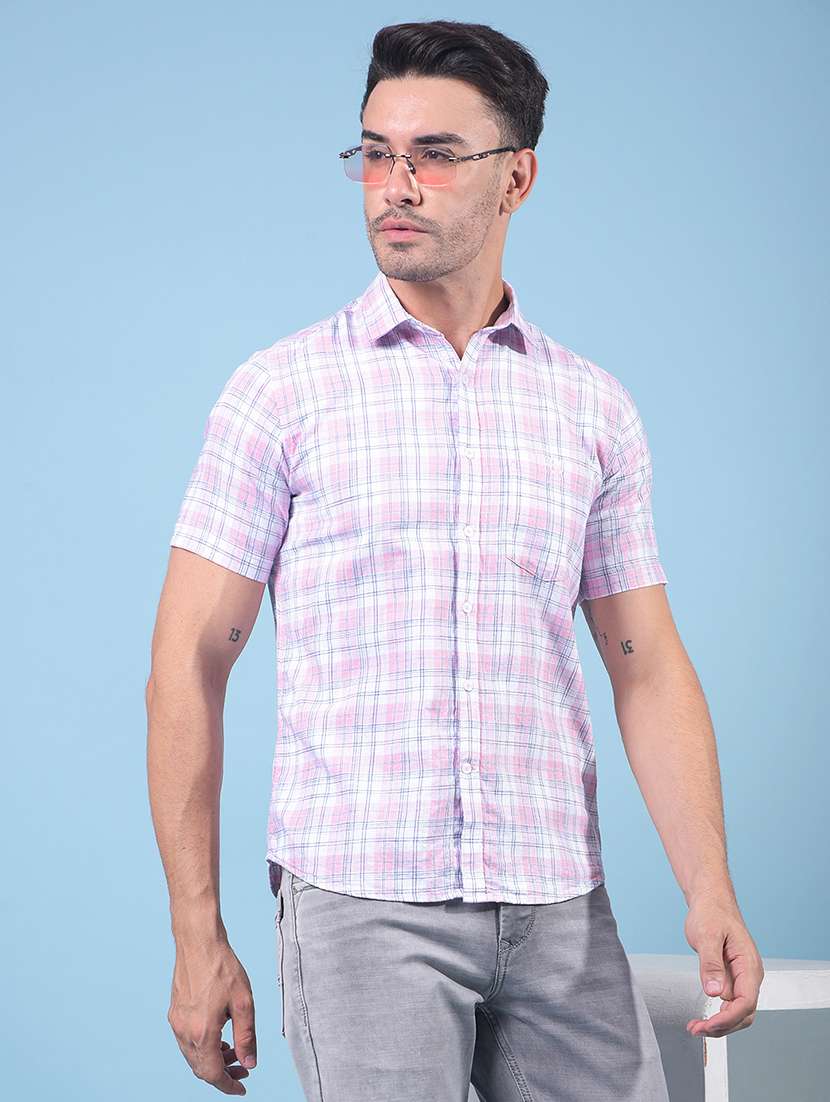 men checkered short sleeve slim fit casual shirt