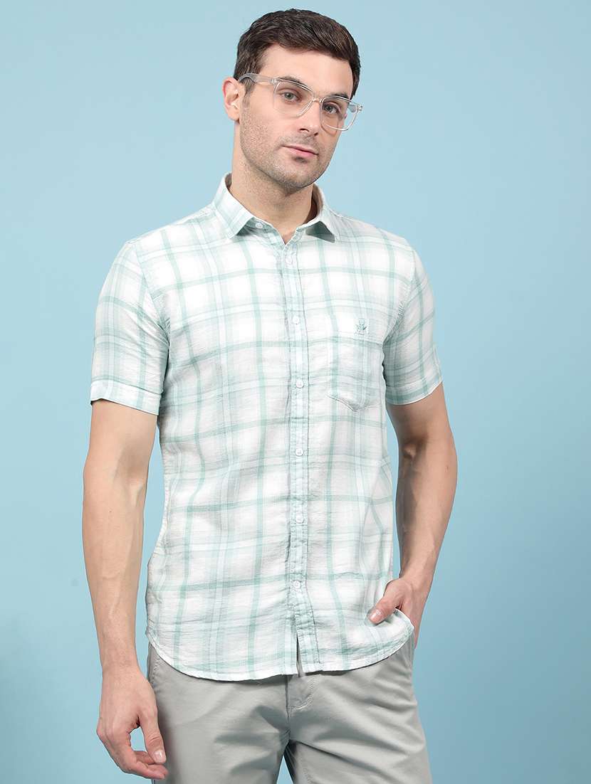 men checkered short sleeve slim fit casual shirt